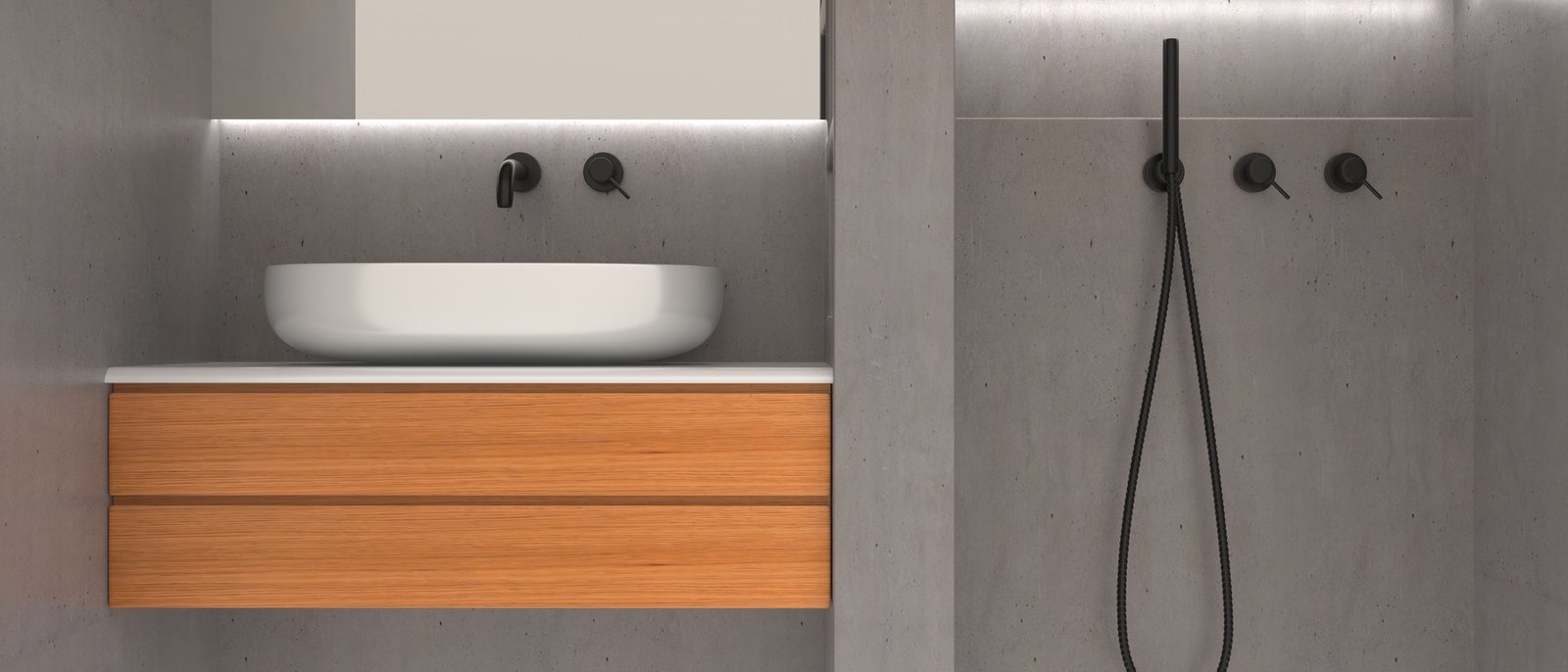 Bathroom interior modern minimal design. Black faucets and basin and shower taps. 3d illustration