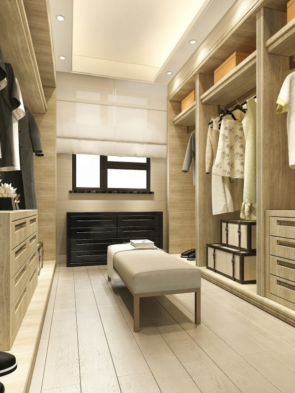 3d rendering minimal scandinavian wood walk in closet with wardrobe